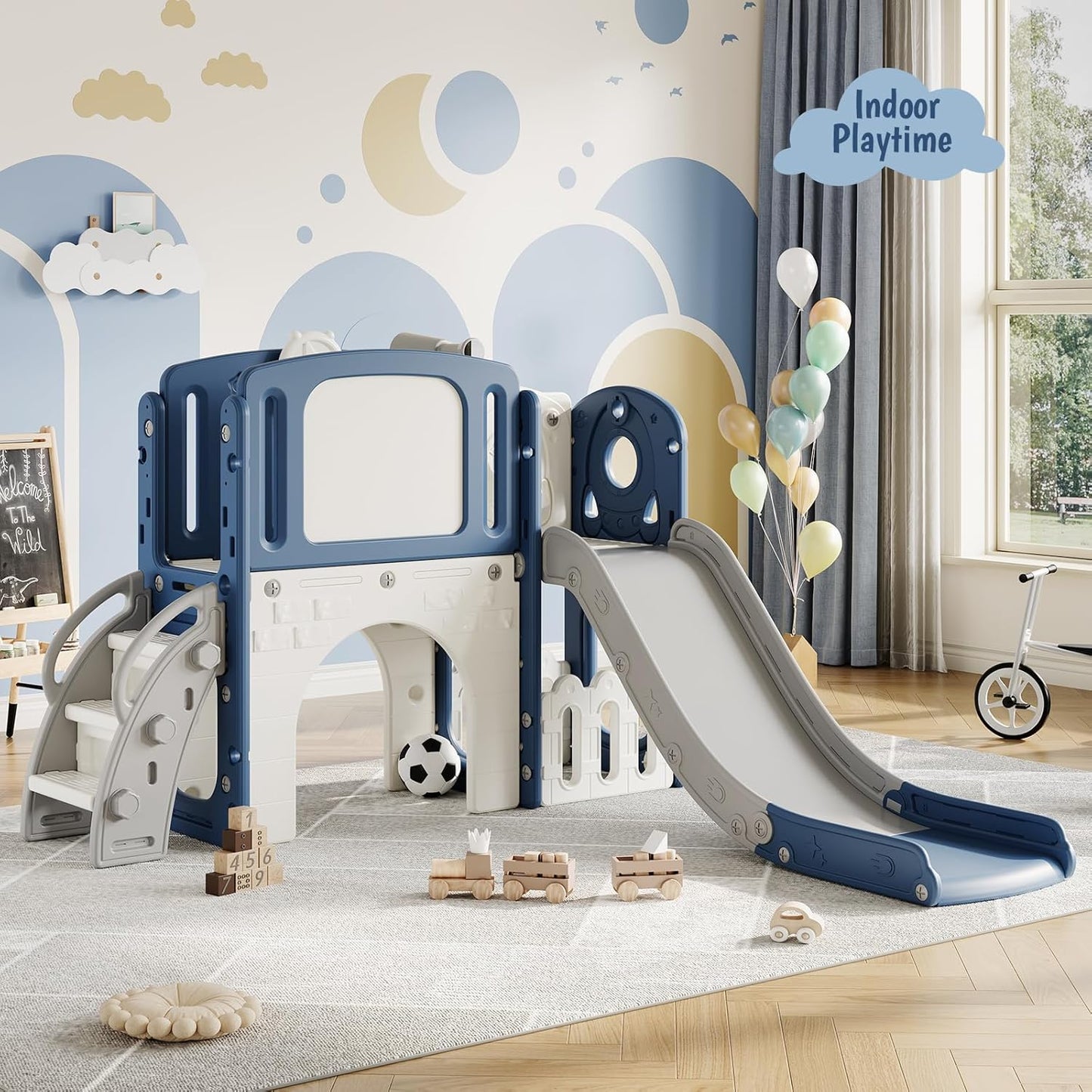 GarveeLife Toddler Slide 8 in 1 Indoor Playground Outdoor Playset Kids Baby Slides for Toddlers Age 1-3 with Climber Basketball Hoop Telescope Drawing Board and Storage Space for Courtyards