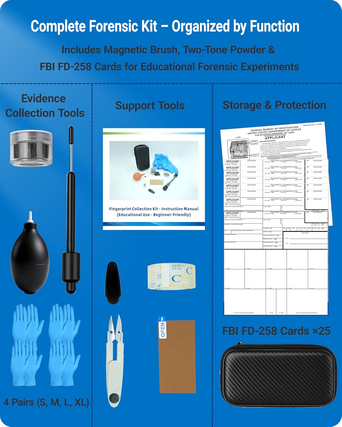 Latent Fingerprint Kit 13-Piece Set, Magnetic Two-Tone Powder, Magnetic Brush, Fingerprint Cards & More for Classroom and Forensic Science Education (13-in-1 Set)