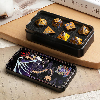DnDnD Heavy Polyhedral Metal Dice Set with Metal Box, 7-die Shiny Blue Surface with Golden Number for RPG,Dungeons and Dragons,Pathfinder,Shadowrun,D&D,Role Palying Game and Math Teaching - Colors B