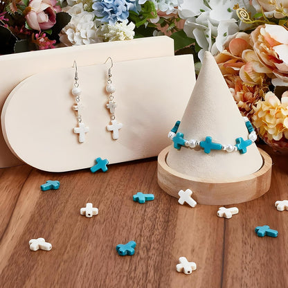 100pcs Blue and White Turquoise Cross Spacer Beads 8x10mm Semi Precious Stone Bead Easter Cross Gemstone Loose Beads for Jewelry Making Charms Beading Bracelets Necklaces Earrings Crafts