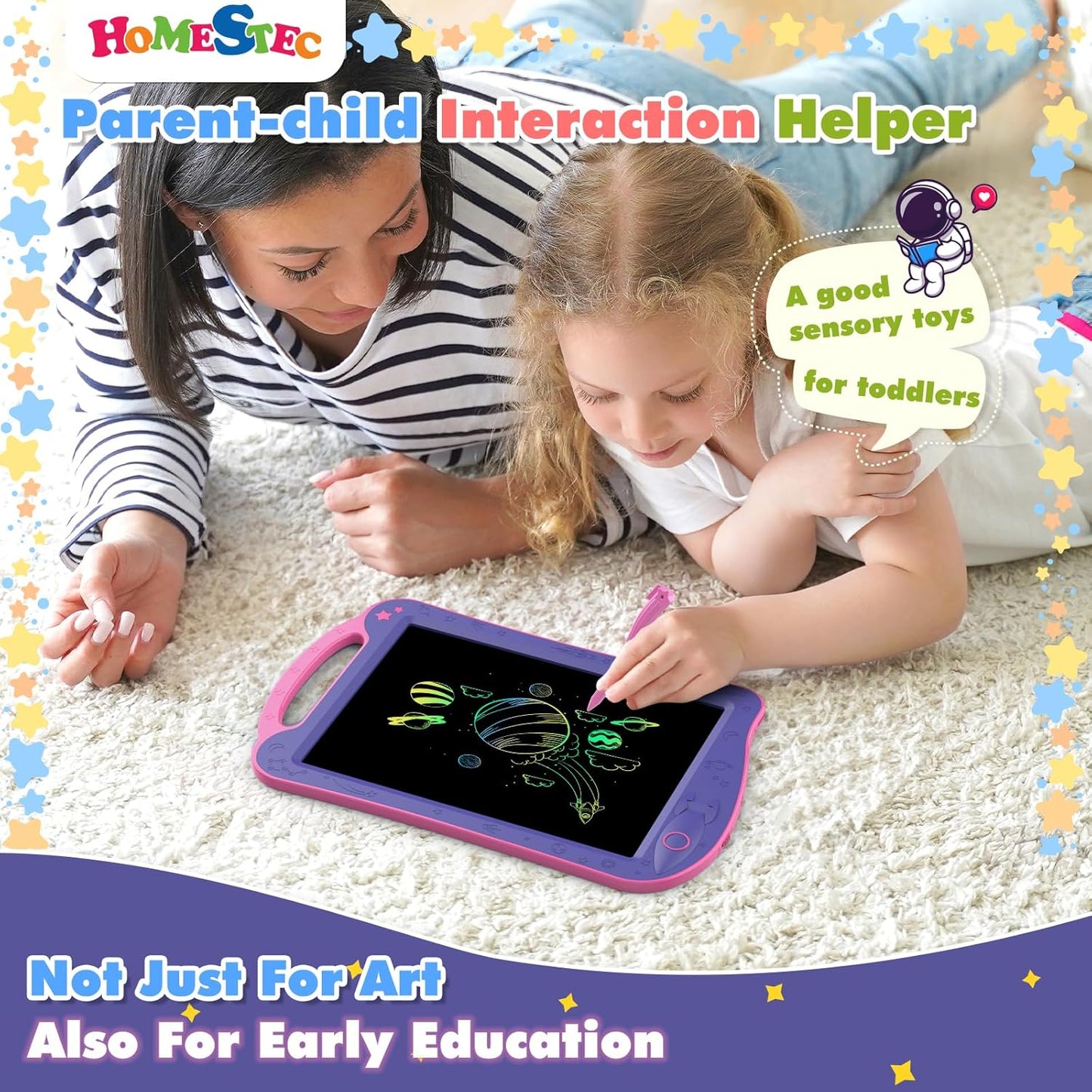 [ClimatePartner Certified] HOMESTEC Astrodraw Drawing Pad, Colorful LCD Writing Tablet for Kids, Doodle Board for Toddlers 3 4 5 6 Years Old, Travel Toy Birthday Gift for Boys Girls (Aqua/Purple)