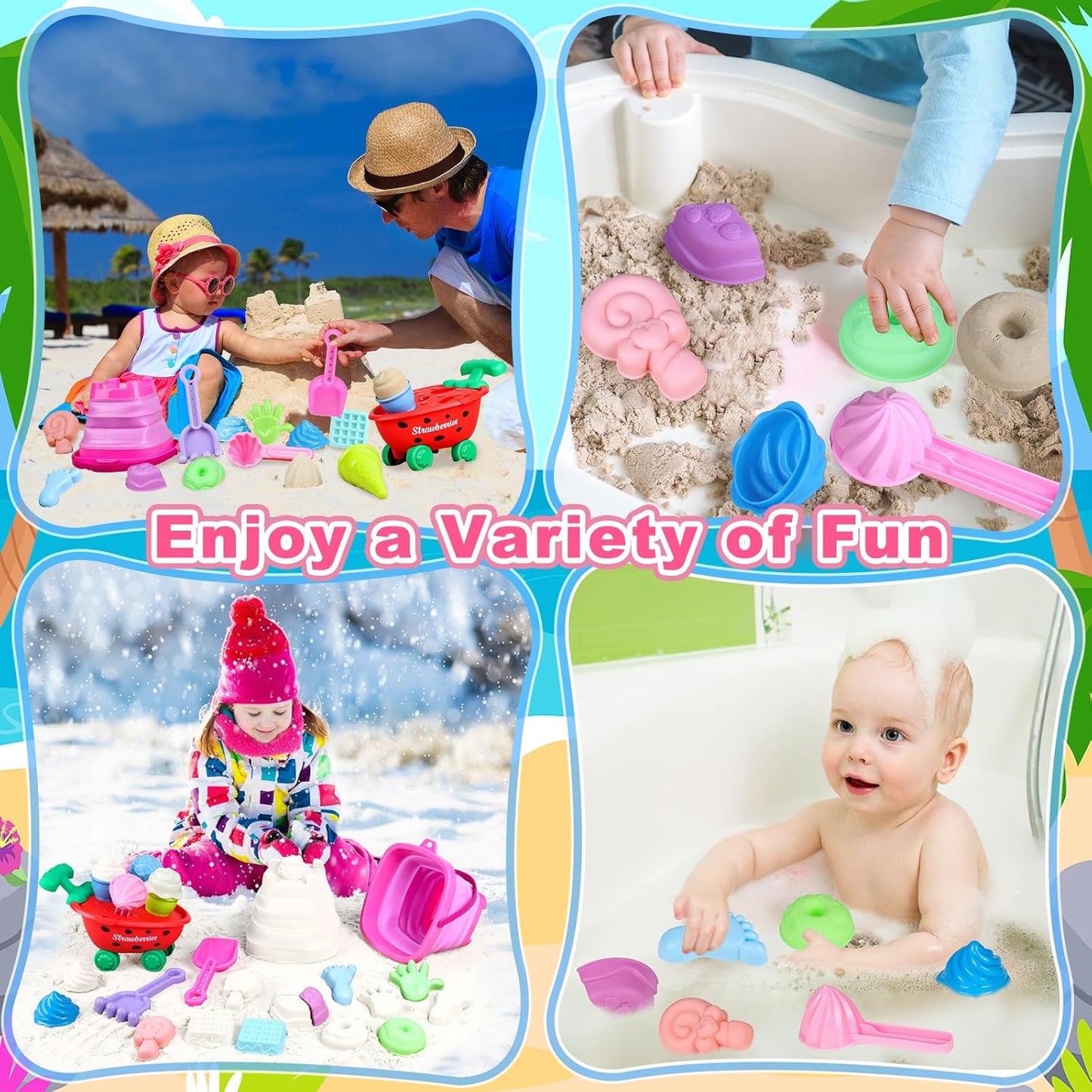 Meaicezli Beach Toys, Ice Cream Sand Toys with Collapsible Beach Bucket, Ice Cream Scoop and Cart, Sand Molds, Mesh Bag, Summer Outdoor Travel Toys for Toddlers 3-5