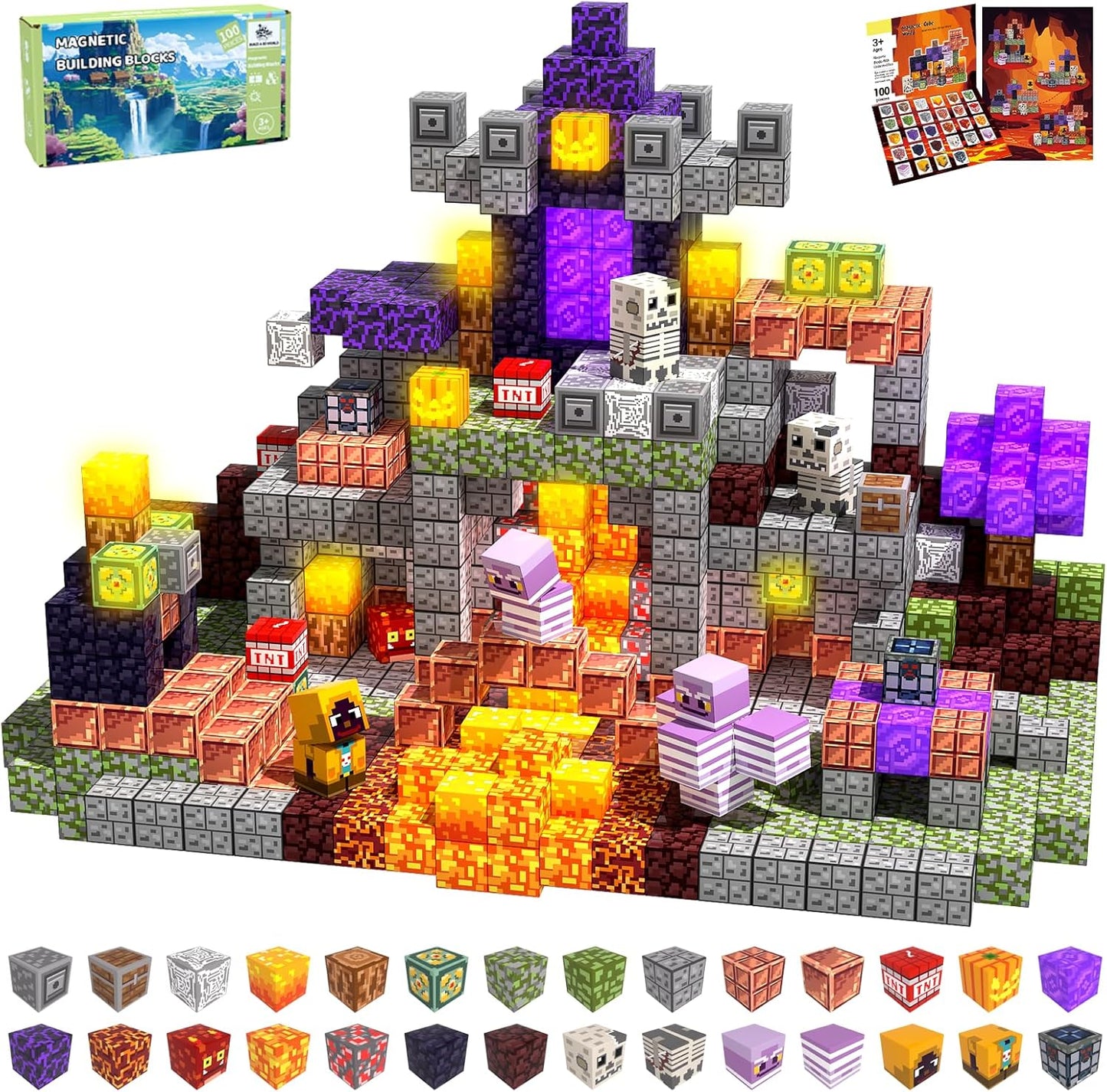 Magnetic Blocks Toys for Kids, 100 PCS Building Blocks Cubes, Stacking Magnetic Tiles Toys for Kids Toddlers Boys Girls Ages 3 4 5 6 7 8-12 Birthday Gifts Party Supplies (Underworld)