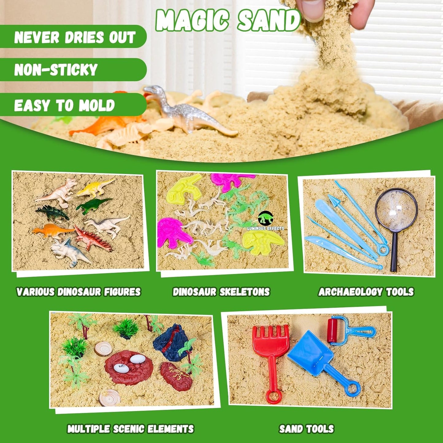 Dinosaur Sensory Bin with Lid, 2.64lbs Magic Sand, Dino Figures, Skeletons & Archaeology Tools, Sensory Sand Kit Dinosaur Toys for Kids 3 4 5 6 7+ Year Old Boy Toddler Birthday Gift Christmas