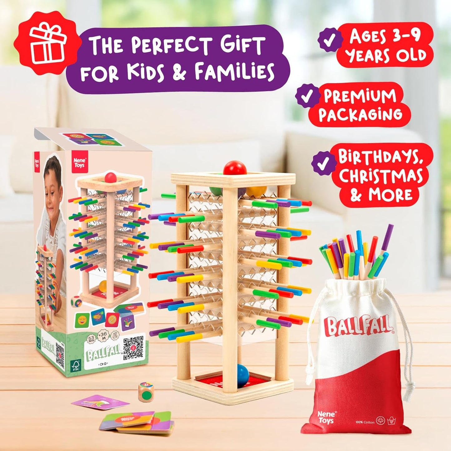 Nene Toys BeeFall Jumbo, 4-in-1 Wooden Honey Bee Toy for Kids Ages 3-9 - Educational Game with Wooden Honeybee Hive, 12 Bees, Colorful Sticks, Dice & Cards - Fun Family Game for Cognitive Development