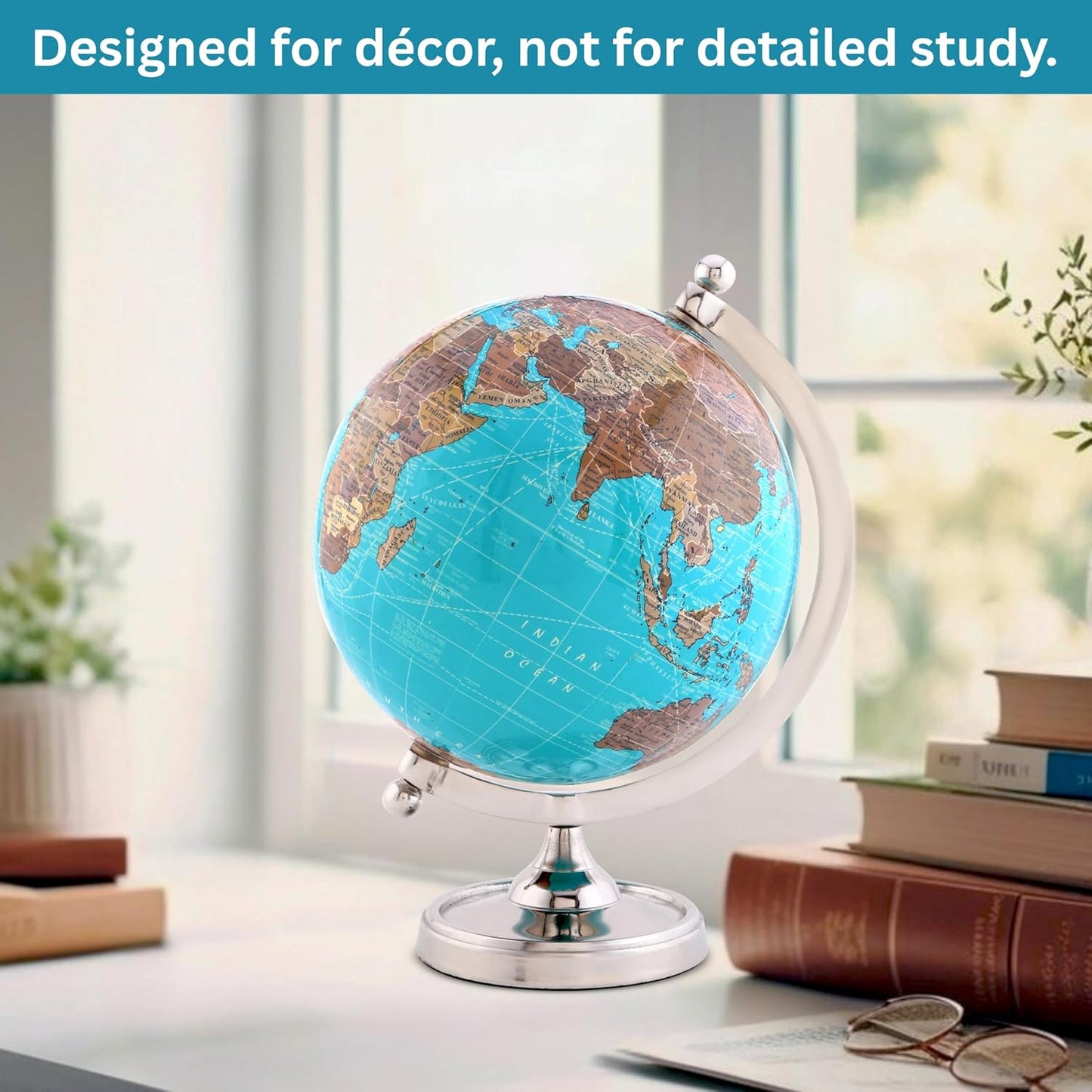 Rely+ Earth Light Blue Rotating Globe of The World with Silver Stand (NOT PLASTIC!) for Bookcase Shelf Decorative Home Desk sturdy Office Decor 6-inch