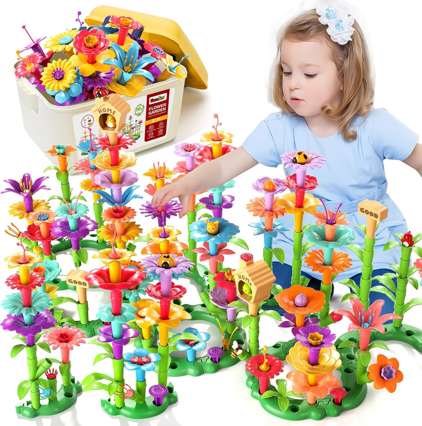 145 Pcs Toys for 3 Year Old Girl, Toddler Gardening Set Flower Garden Toy Girls Building Sets Best Educational Learning Fine DIY Crafts Stem Construction Stacking Kit for 3 4 5 6 7 Years Kids
