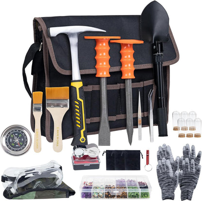 Geology Rock Pick Hammer Kit – 25PCS Rock Hammer Kit, Complete Geology Kit with Chisels,Folding Shovel, Safety Gear,Gold Panning Kit Accessories, Rock Hounding Equipment for Outdoor Exploration