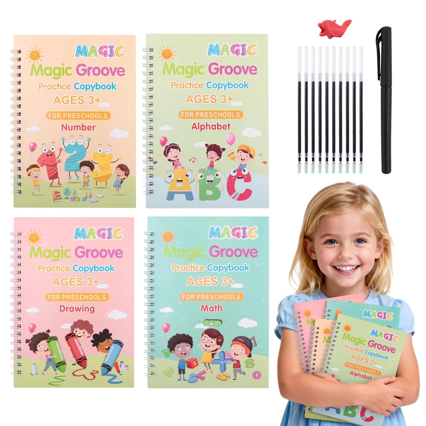 Grooved Handwriting Practice Books, Reusable Magic Grooved Handwriting Practice Books for Kids Age 3-8, Preschool Kindergarten Tracing Workbooks for Kids Handwriting Practice