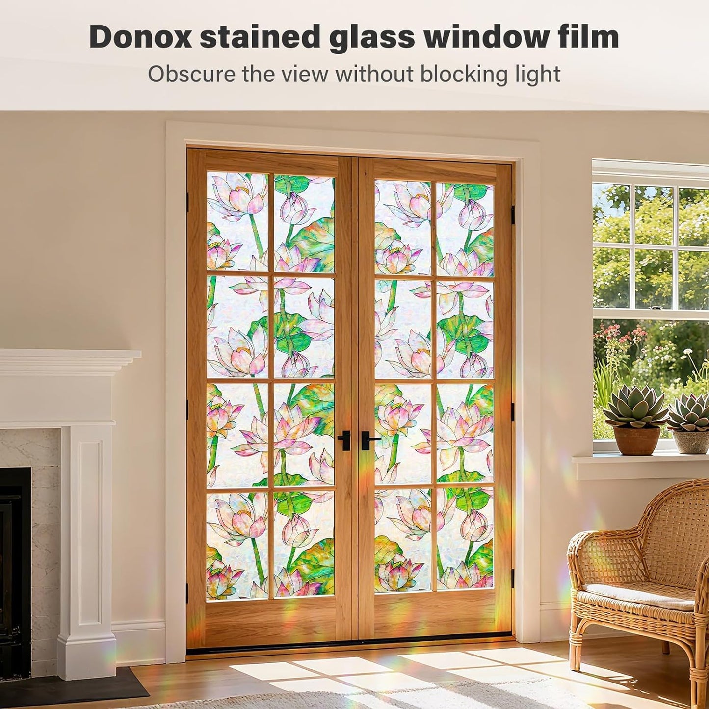 Donox Window Privacy Film Static Cling, Decorative Stained Glass Style Tint, Lotus Pattern with Rainbow Effect for Home and Office, UV Blocking No Glue Removable, 17.5 x 157.4 inches