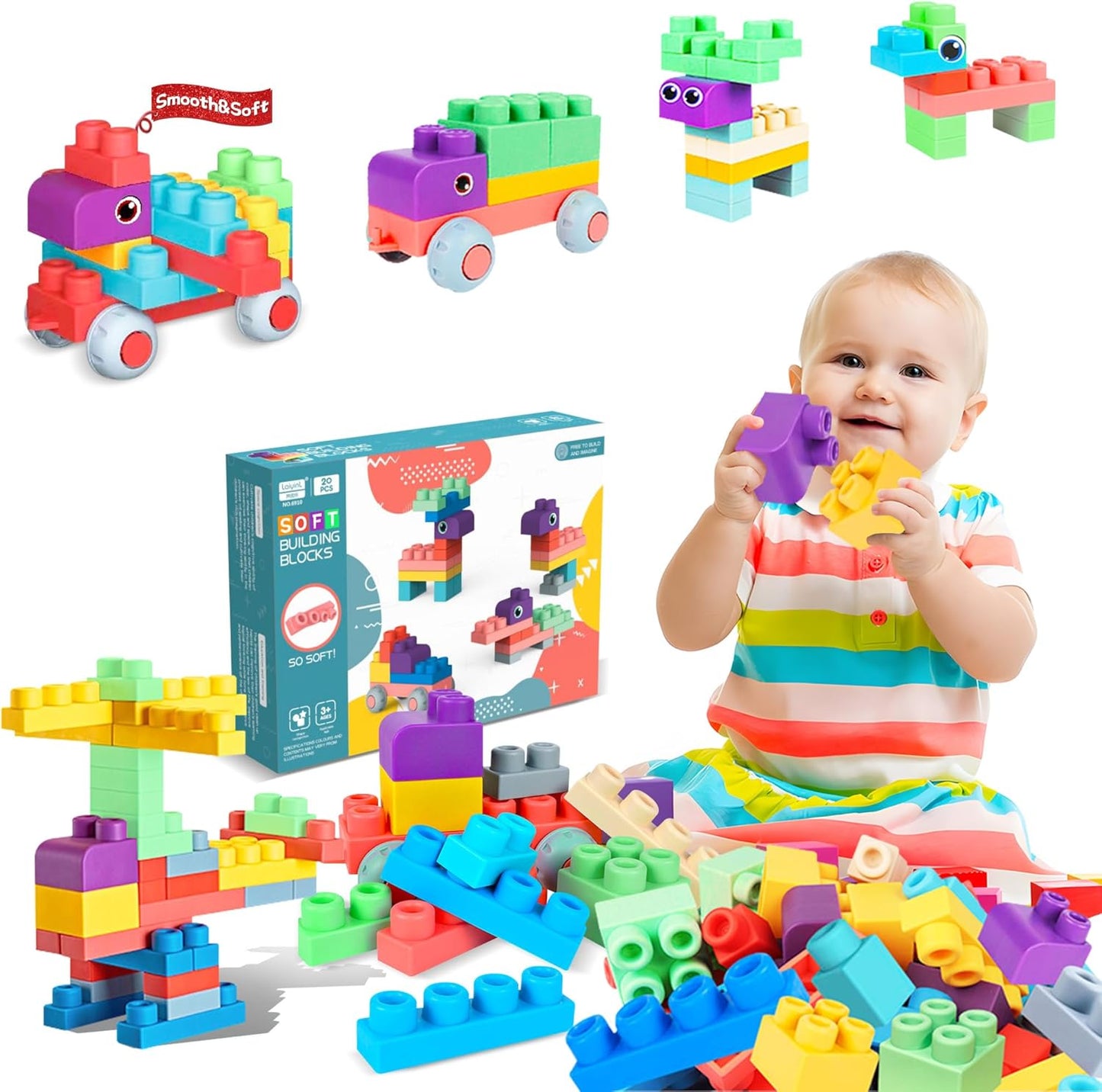 Soft Building Blocks for Toddlers, Large Building Blocks Stacking Blocks for Babies 6 Months and Up Stem Toddler Gifts, Teething Toys, 40 PCS