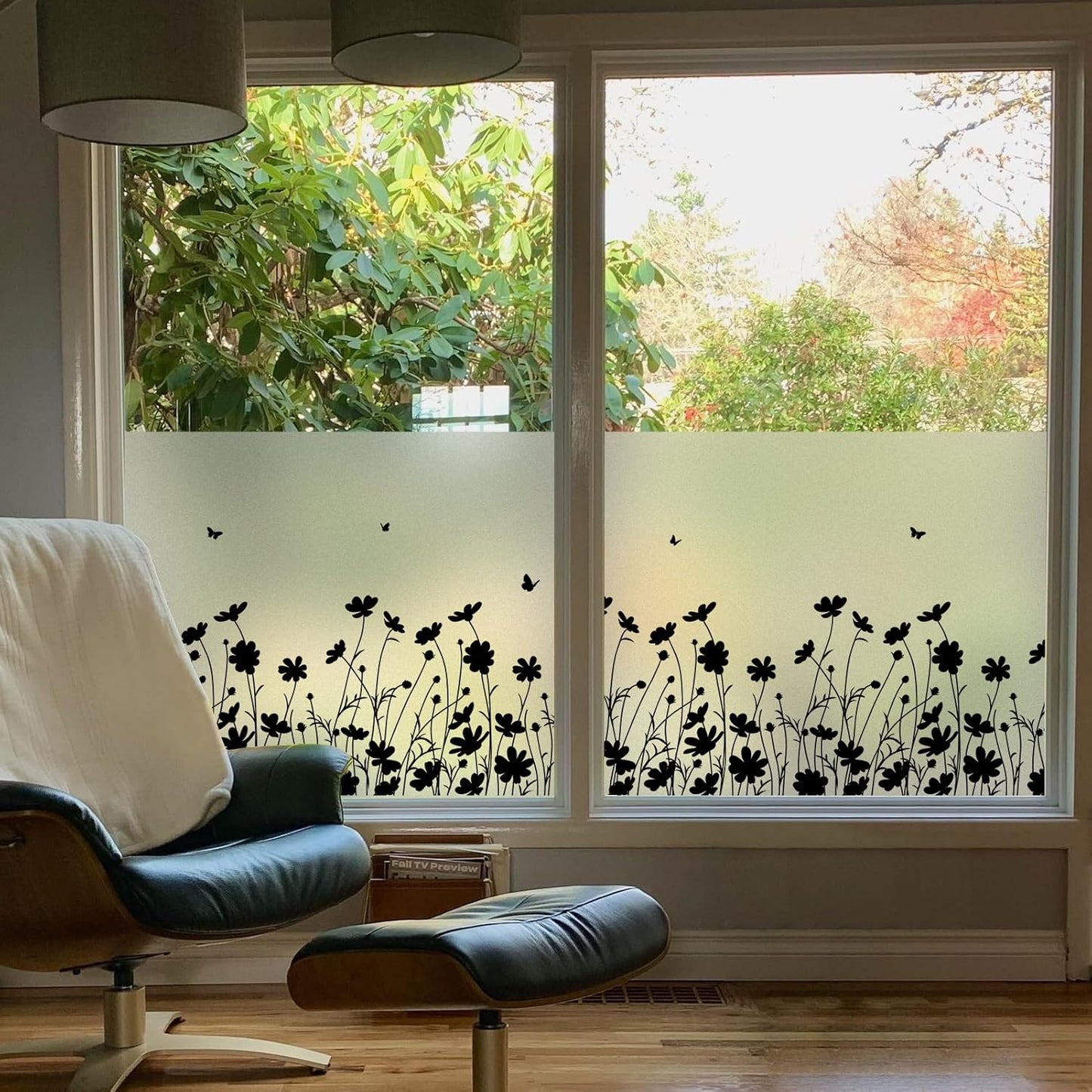 DKTIE Window Privacy Film Flowers Pure White Pattern Stained Glass Window Film Decorative Frosted Glass Window Film Sun Blocking Heat Control Static Cling (A274, 17.5" x 78.7")