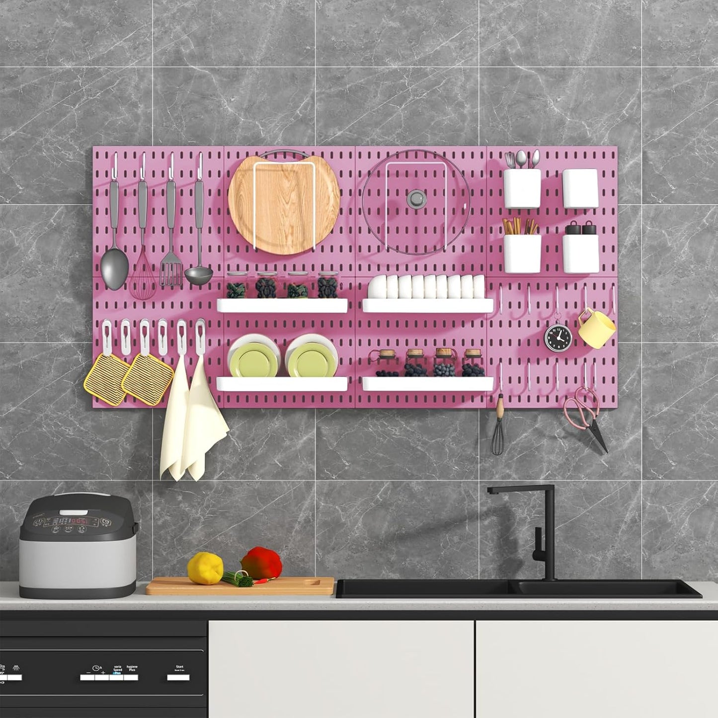 Pegboard Combination Kit, 8 Peg Boards and 30 Accessories Modular Hanging Black Pegboard for Walls, Office Wall Organizer, Keys Holder on Wall, Nursery Storage, 44"x22" Black