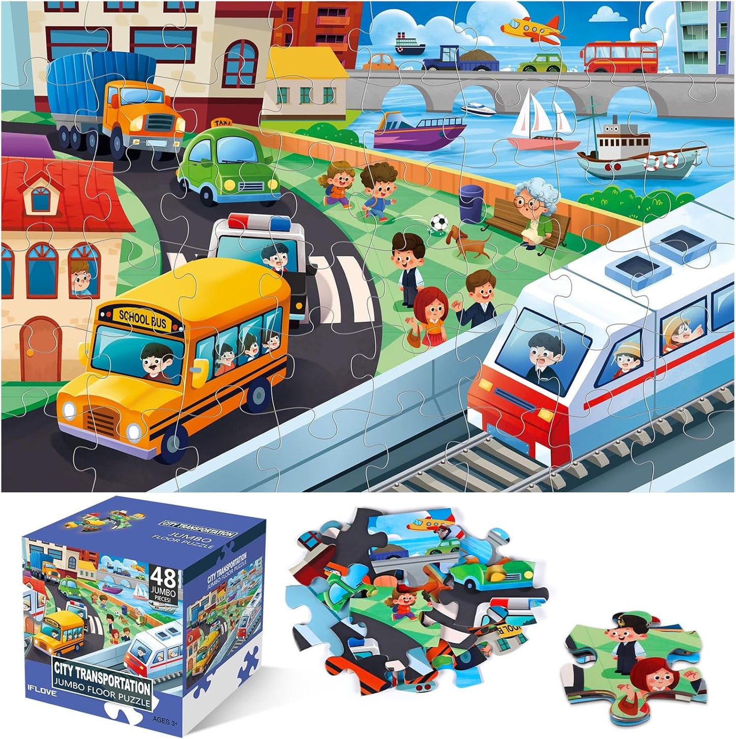 Jumbo Floor Puzzle for Kids,Construction Site Jigsaw Large Puzzles,48 Piece Construction Vehicle Puzzle for Toddler Ages 3-5,Children Learning Preschool Educational Toys,Gift for 4-8 Years Old
