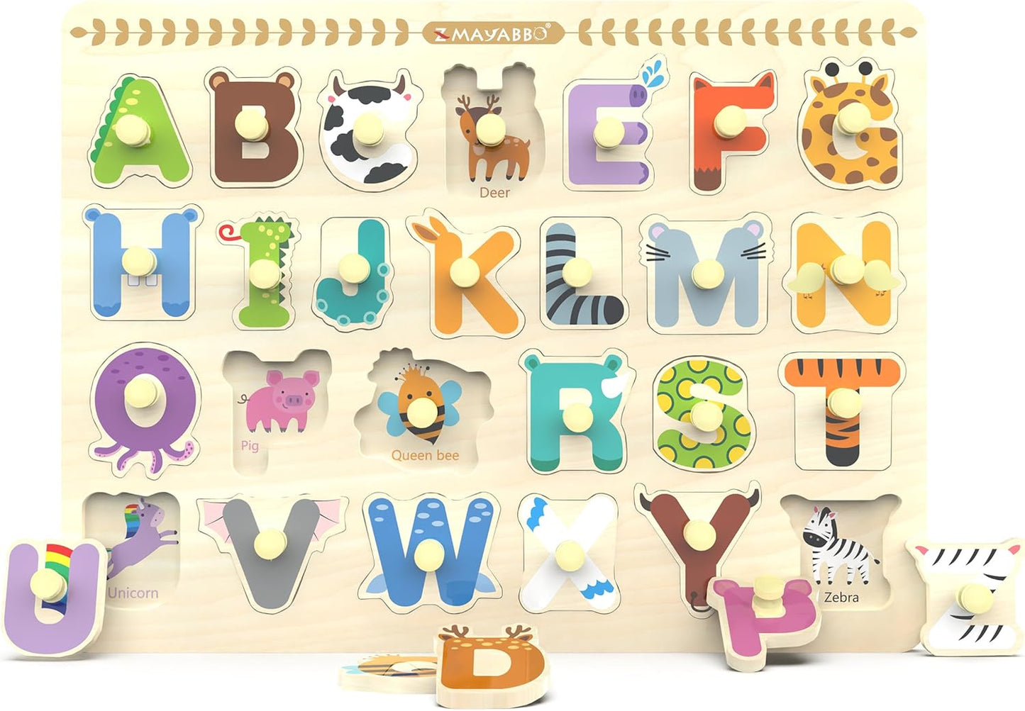 Wooden Peg Puzzle for Toddlers, Alphabet Learning Toys, Baby Puzzles Alphabet Board for Kids, Preschool Knob Puzzle for Boys Girls, Chunky ABC Shape Puzzles for 2 3 4 Year Old