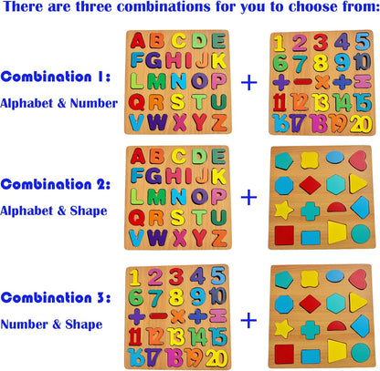 2PCS Wooden Alphabet Number Shape Puzzles for Toddlers, Educational Learning Puzzles Game (Alphabet & Number)
