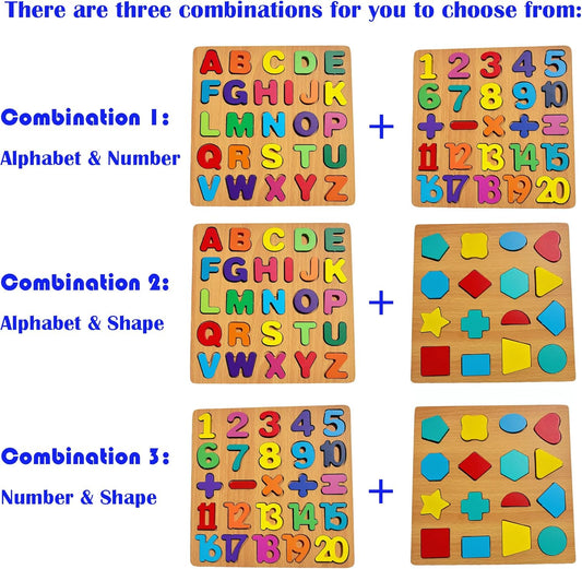 2PCS Wooden Alphabet Number Shape Puzzles for Toddlers, Educational Learning Puzzles Game (Alphabet & Number)
