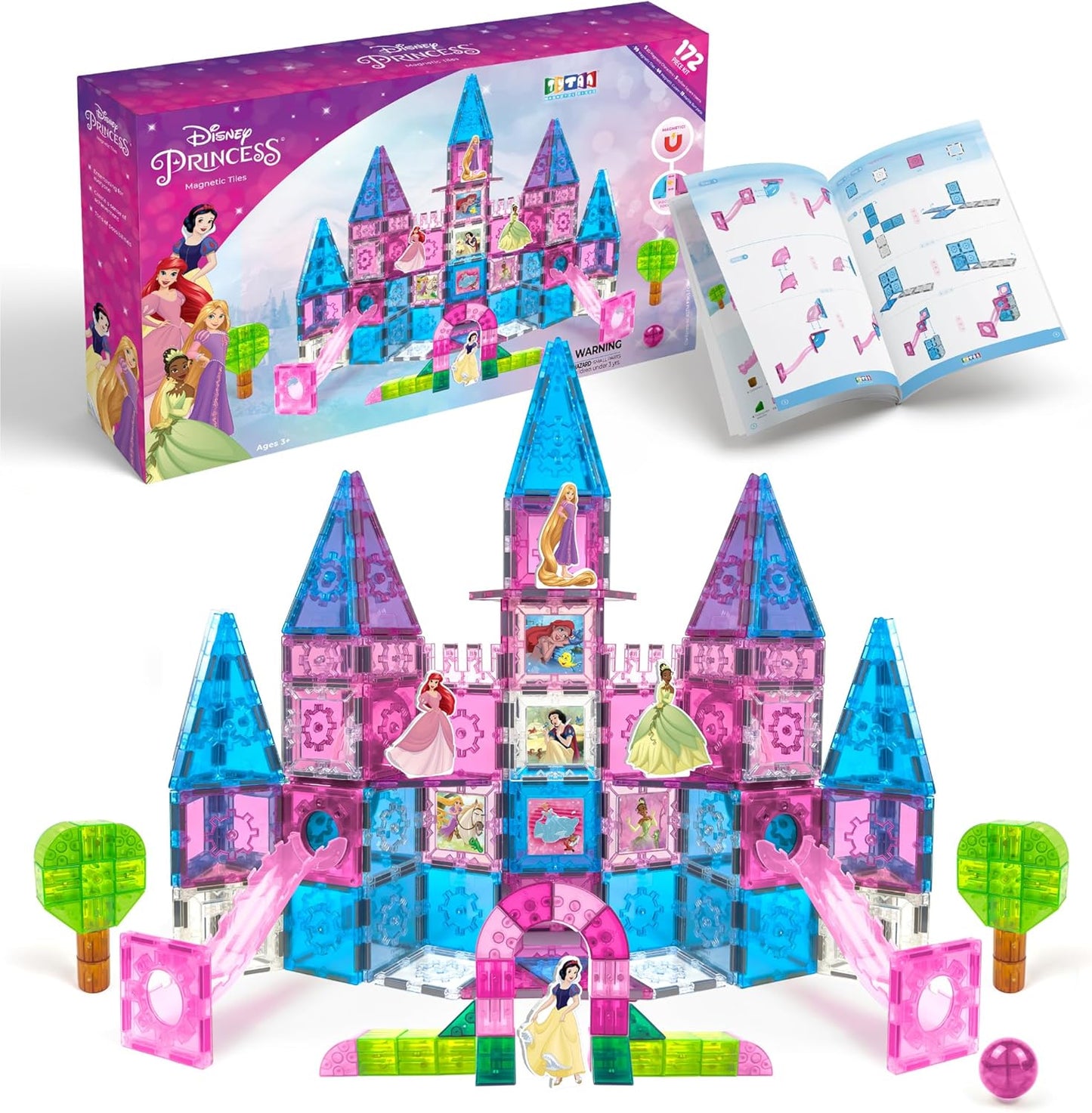 Disney Princess Toys Magnetic Tiles Castle Set - 172-Piece STEM Building Toy with Ariel, Moana, Snow White, Tiana & Rapunzel Characters, Marble Run Slides, Disney Toys for Girls Ages 3+