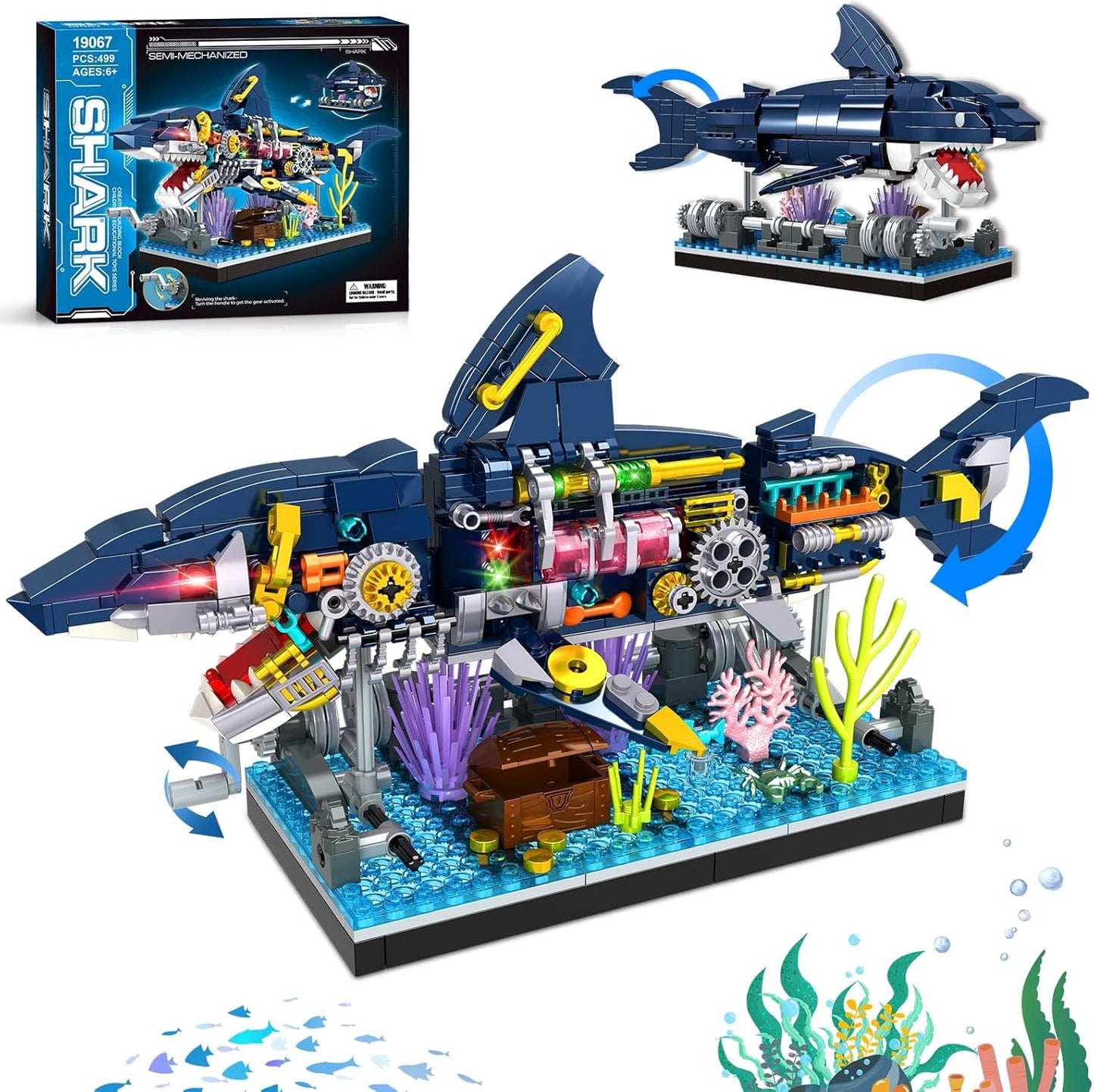 Shark Building Block Set, Mechanical Rotatable Animal Shark Toys, Birthday Gifts for Kids Boys Girls Ages 6+, Shark Fish Building Home Office Decor