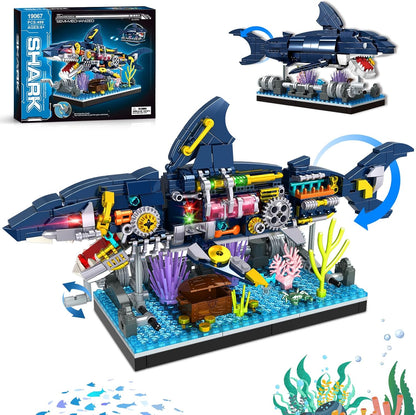 Shark Building Block Set, Mechanical Rotatable Animal Shark Toys, Birthday Gifts for Kids Boys Girls Ages 6+, Shark Fish Building Home Office Decor