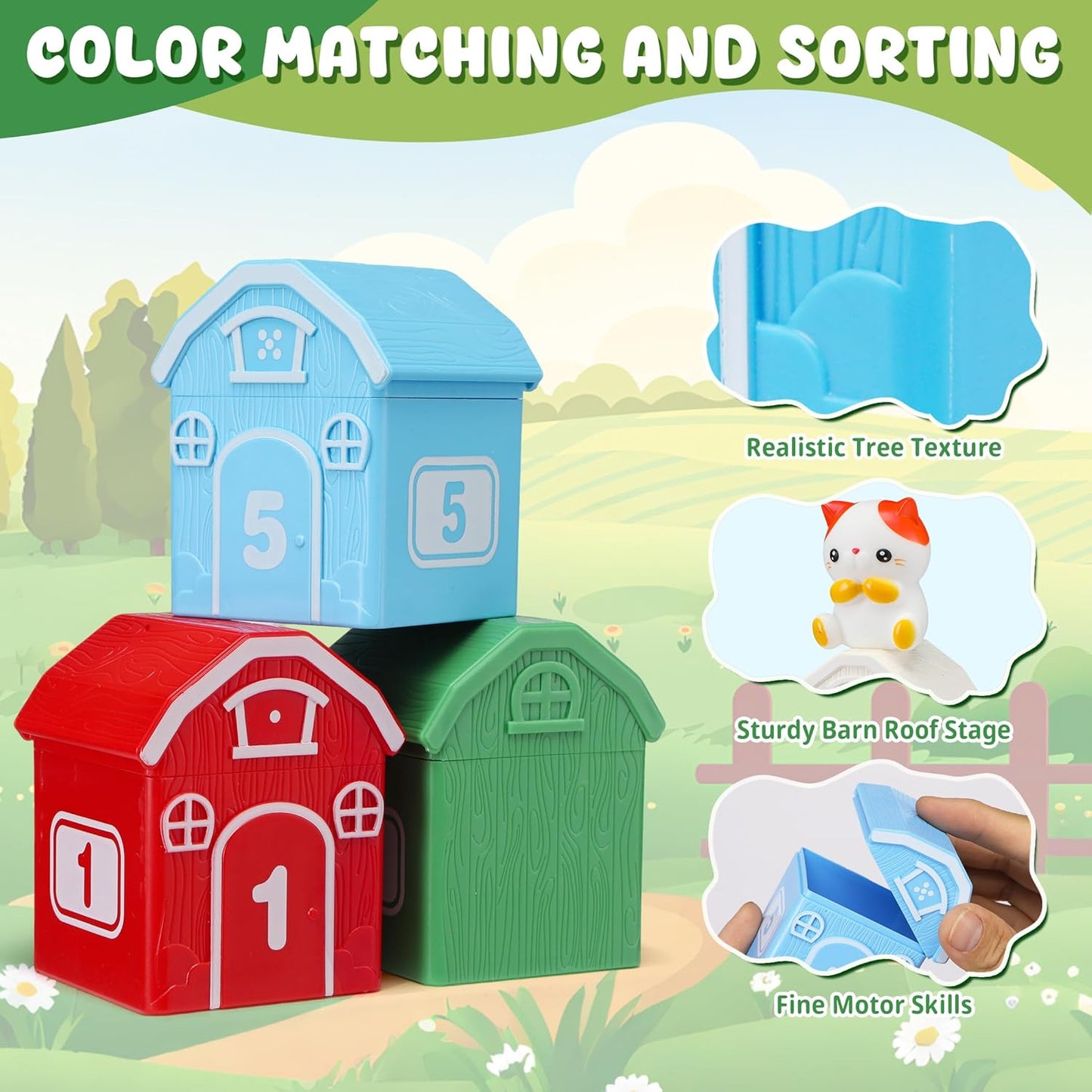 Montessori Toys for Toddlers 1 2 3 Years Old, Farm Animal Train Set with Counting Matching Sorting Activities 9 Barns, 10 Finger Puppets, 2 Stickers-Learning Toys for Baby Boys Girls, Preschool Gift