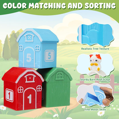 Montessori Toys for Toddlers 1 2 3 Years Old, Farm Animal Train Set with Counting Matching Sorting Activities 9 Barns, 10 Finger Puppets, 2 Stickers-Learning Toys for Baby Boys Girls, Preschool Gift