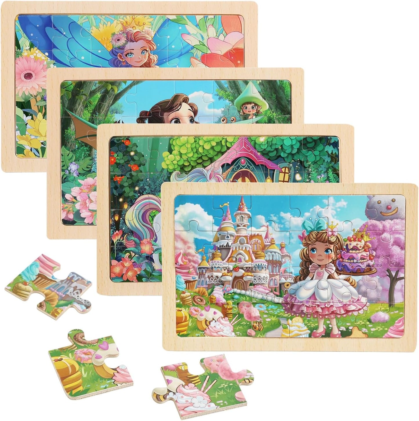 4 Sets of Wooden Puzzles, Each Set has 24 Pieces, Including Castle Unicorn Princess, for Toddlers 3-5, Puzzles for Kids Ages 4-6, Preschool Educational Brain Teaser Toys for Girls 3 4 5 6 Years Old.