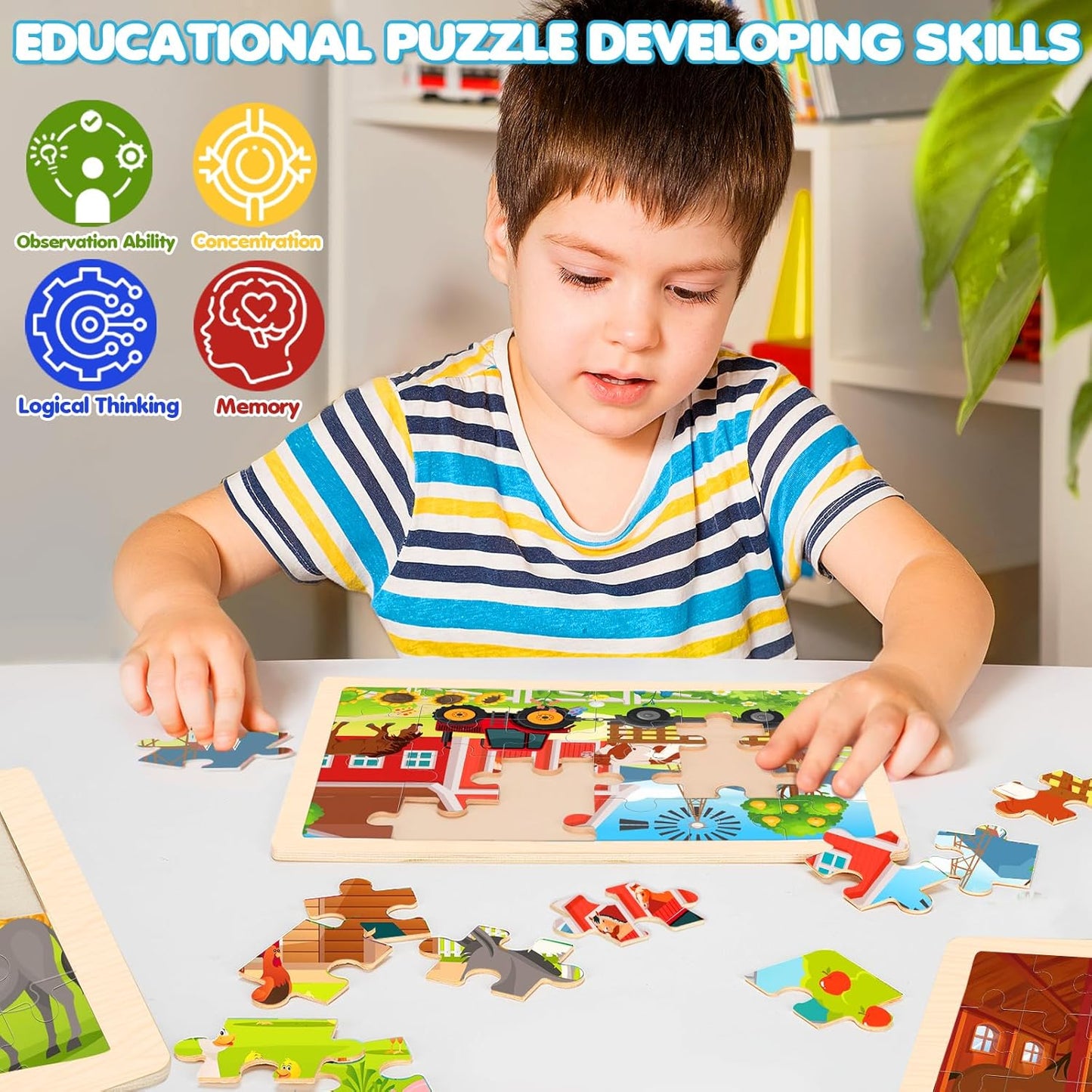 Wooden Animals Puzzles for Kids Age 3 4 5 Year Old, 4 Pack 24 Pcs Montessori Toddler Jigsaw Puzzles for Girl boy Activities Preschool Learning Educational Birthday Gift Travel Autistic Wooden Toys