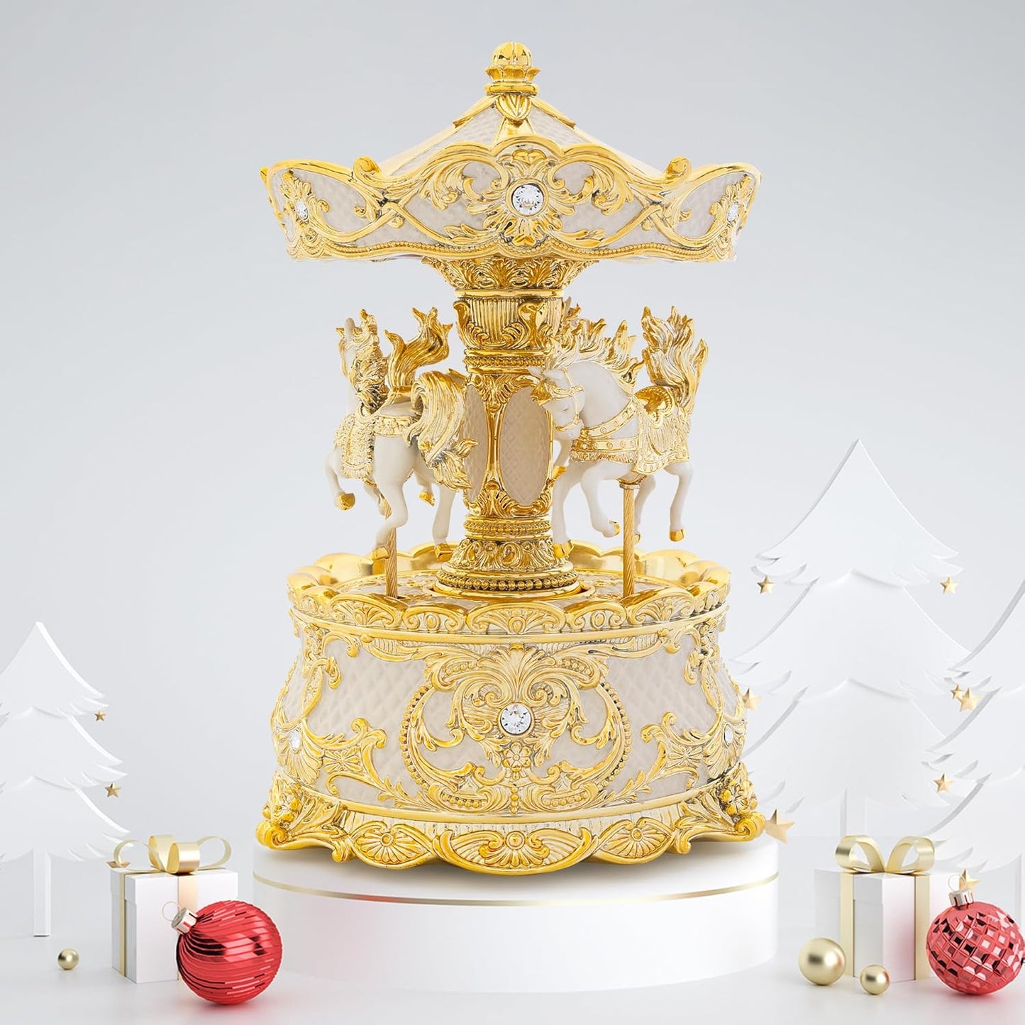 Carousel Music Box Gold & Ivory Christmas Snow Globes, 8.3" Rotate Carousel Snow Globe for Kids & Adults, Classic Wind up Musical Snow Globe Birthday Gifts for Women Girls, Carousel Horse Home Decor