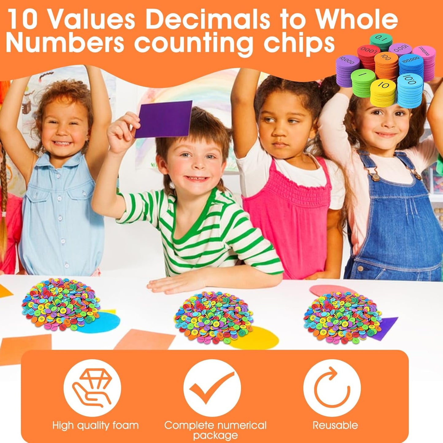 1000 Pcs Place Value Disks 10 Decimals to Whole Numbers Counting Chips for Kids Base 10 Place Value Manipulatives Math Counters Discs Set for Elementary School Math Supplies