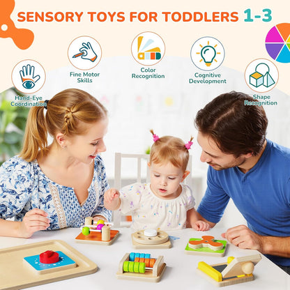 Montessori Busy Board for Toddlers 1-3, 6-in-1 Sensory Activity Cube, Fine Motor Skills Learning Toy with Bead Maze, Gears & Spinner, Quiet Travel Toy for 1 Year Old Boy and Girl Gifts