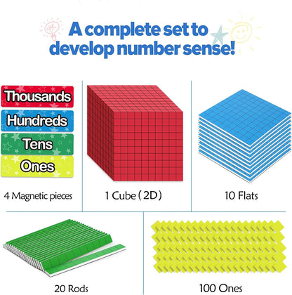 Torlam 131 PCS Magnetic Base Ten Blocks - Place Value Blocks -Math Manipulatives K-3 for Elementary Classroom, Math Counters, Counting Cubes for Kids, Base 10 for 1st 2nd 3rd Grade