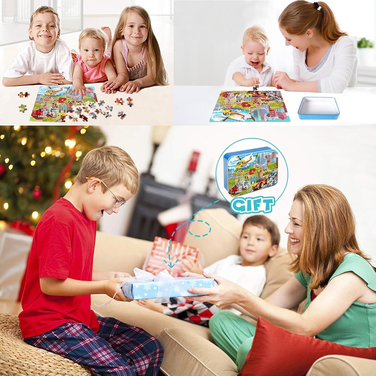 LELEMON 100 Pieces Jigsaw Puzzles in a Metal Box for Kids Age for 4-8 Boys Girls Toy Puzzles Construction Site Vehicles Children Learning Educational Puzzles Toys