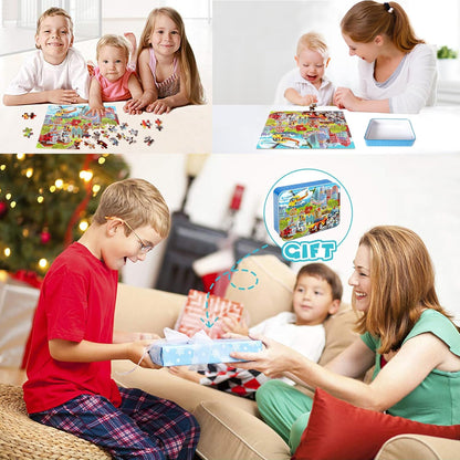 LELEMON 100 Pieces Jigsaw Puzzles in a Metal Box for Kids Age for 4-8 Boys Girls Toy Puzzles Construction Site Vehicles Children Learning Educational Puzzles Toys