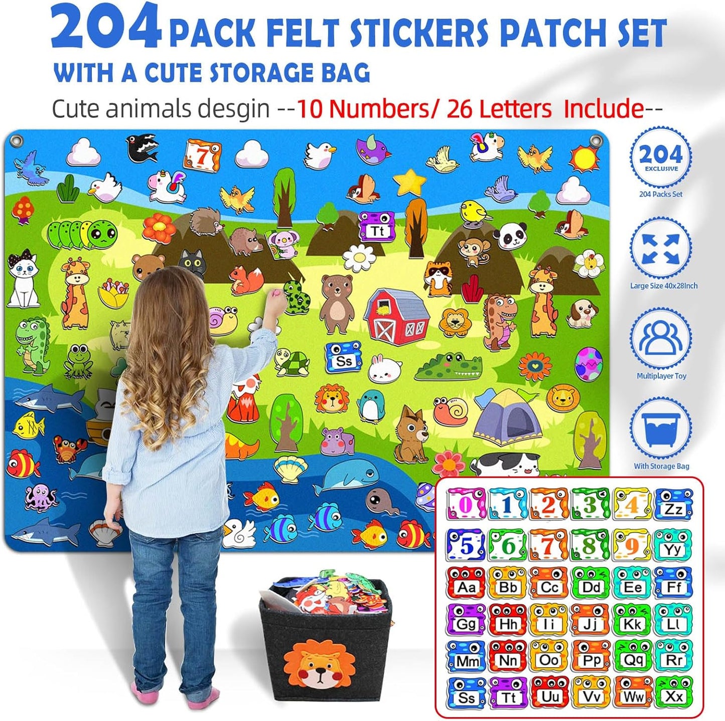 SKOLESK 204Pcs Animals Felt Busy Board Story Set with Storage Bag Preschool Large Wall Storyboard Forest Themed Early Learning Interactive Play Kit Wall Hanging Gift for Toddlers Kids 40 X 28 Inch