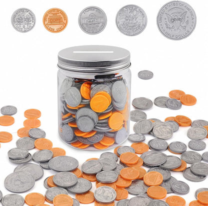 Play Money Coins for Kids, Fake Money Coins with Coin Jar, Realistic Teaching Pretend Fake Money Coins Set, Plastic Toy Prop Fake Money Coins for Kids Learning Education Party, 250pcs