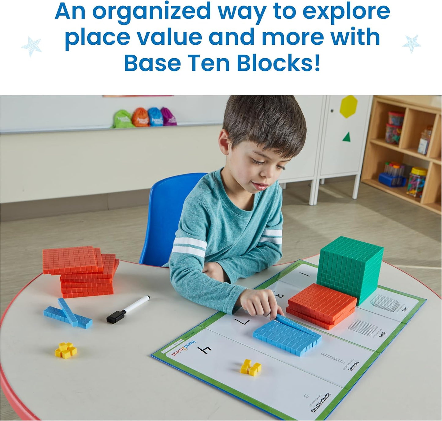 hand2mind Foam Base Ten Blocks Activity Set, Place Value Manipulatives, Base 10 Blocks for Math, Counting Cubes, Math Manipulatives 1st Grade, Small Group Classroom Must Haves (133 Pieces)