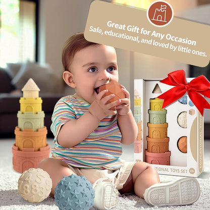 Baby Stacking Cups & Sensory Ball Set, Textured Sensory Toys for Babies, Soft Castle Nesting Blocks, Newborn Teether & Bath Toys 6-12 Months, 8 PCS Montessori Learning Gifts for Toddlers 1-3