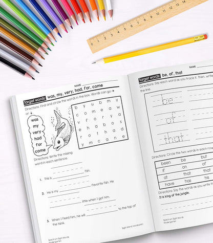 Spectrum Sight Words Kindergarten Workbooks, Phonics Book With Reading and Writing Practice, Vocabulary, Sentence Strips, and Flash Cards, Language Arts Classroom or Homeschool Curriculum