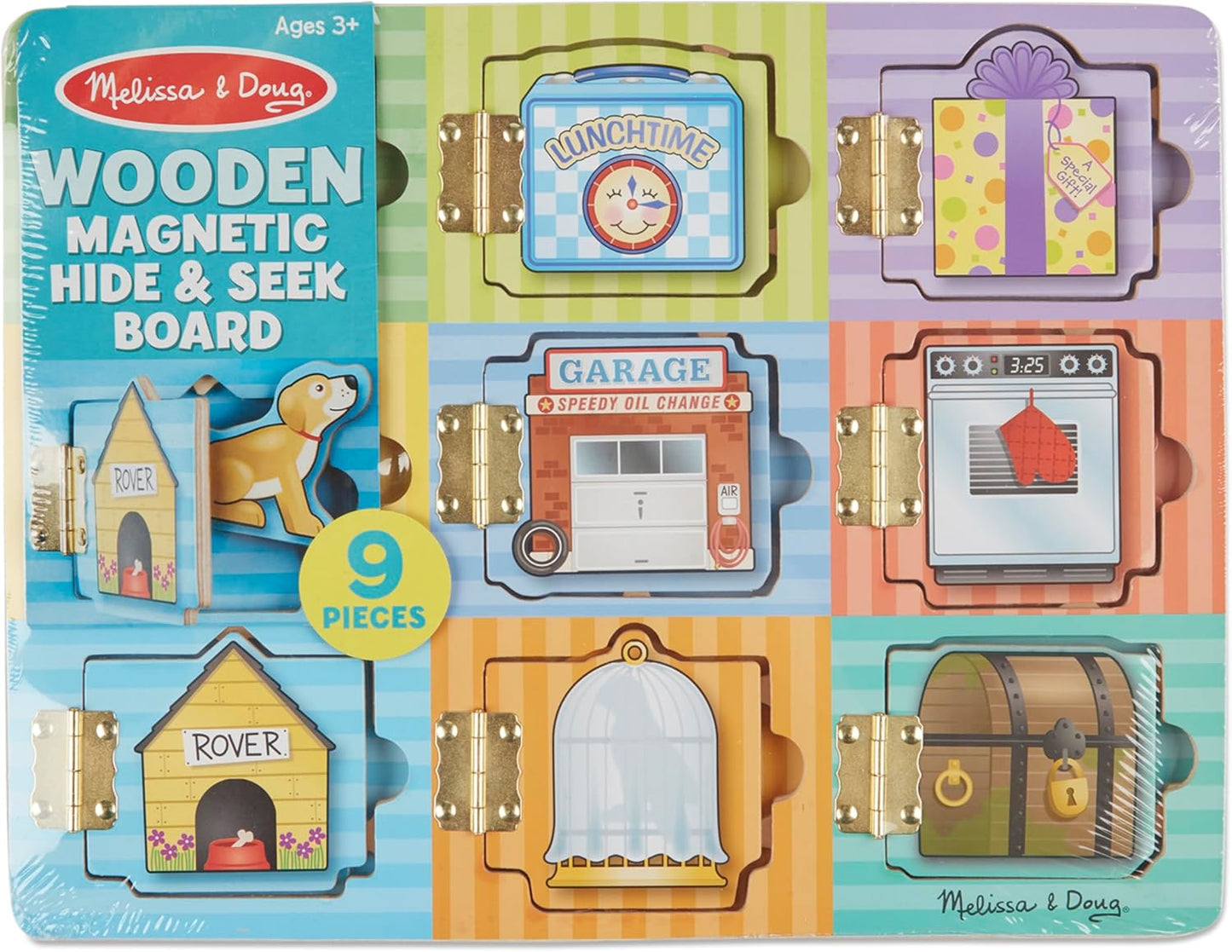 Melissa & Doug Wooden Hide & Seek Activity Board – Montessori Busy Board with Hinges, Doors & 9 Wooden Magnetic Puzzles, Educational Preschool Learning Toy for Toddlers & Kids Ages 3+
