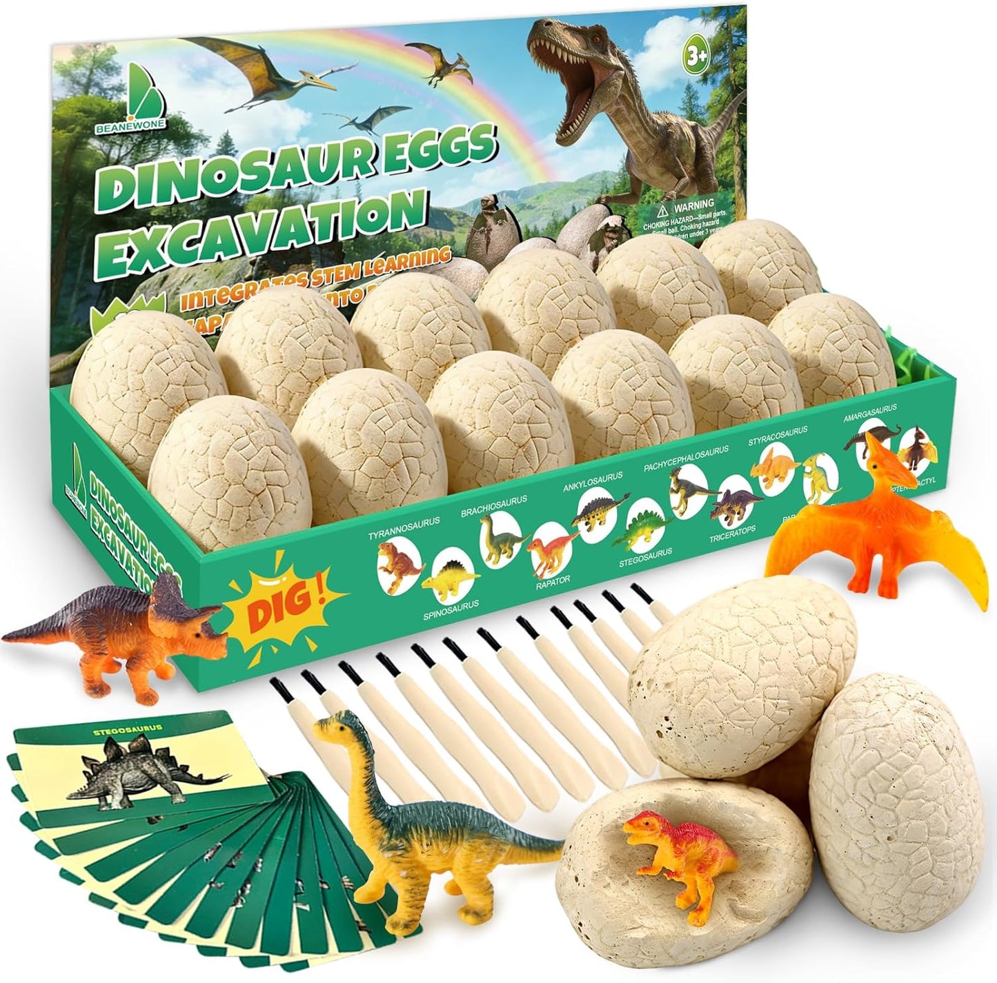 Easter Dino Eggs Dig Kit - 12 Colorful Dinosaur Easter Eggs with Dinosaur Figures, 12 Dig Tools for Easter Egg Hunt, Easter Basket Stuffers & Easter Toys and Games (Colorful)