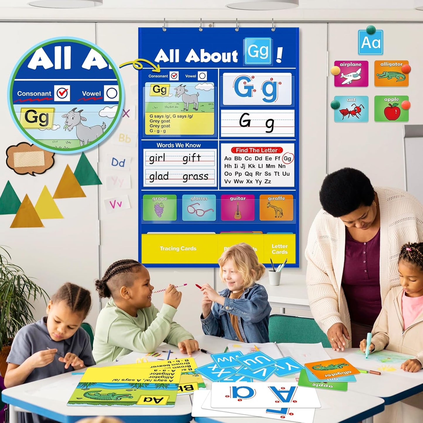 Alphabet Learning Pocket Chart, Circle Time Learning Center Alphabet Flash Cards ABC Wall Chart Letter Game for Toddler Kids Homeschool Supplies Preschool Kindergarten Classroom Must Haves