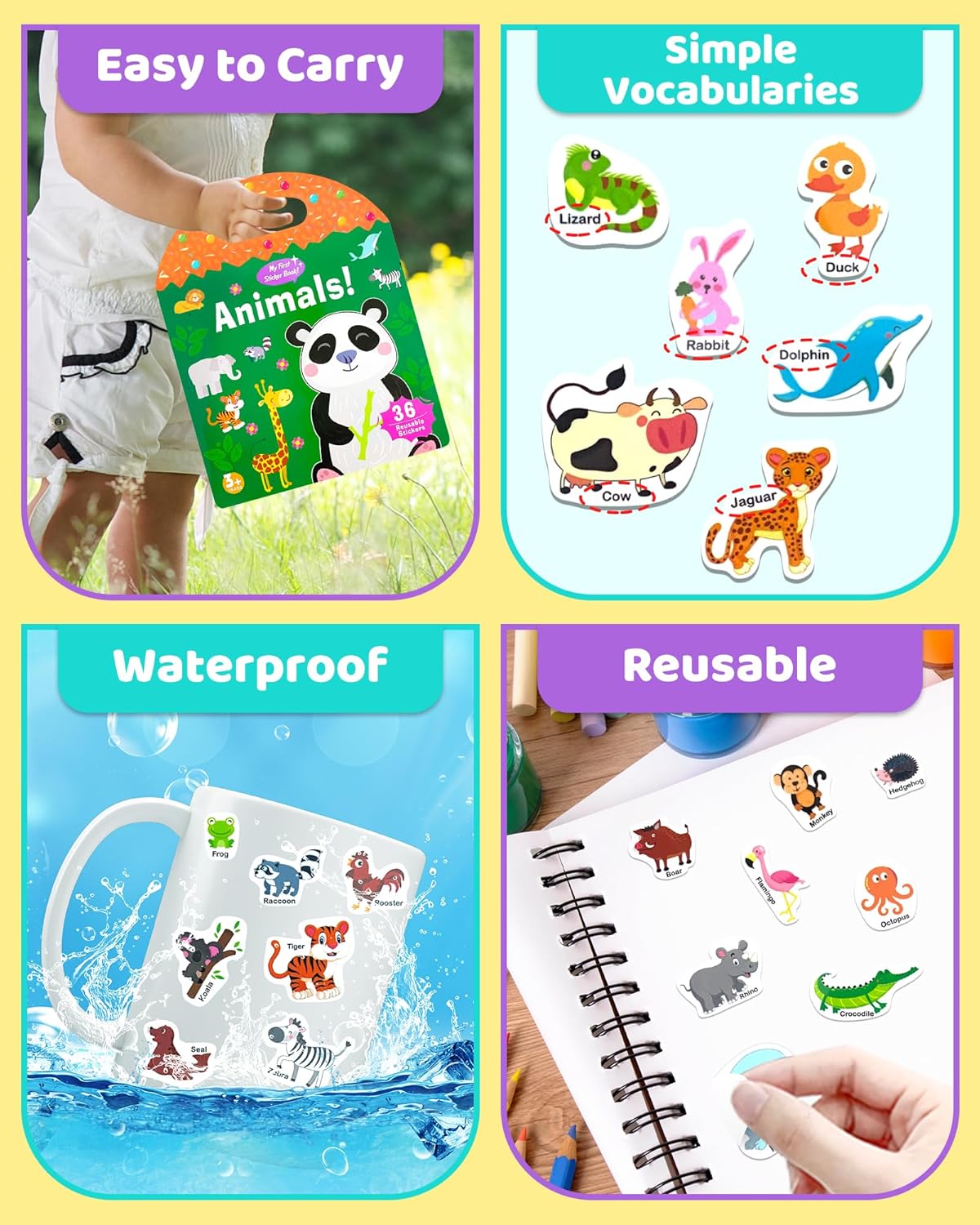 Benresive Reusable Sticker Book for Toddlers, Stickers for Kids, Travel Toys for Arts & Crafts Activities, Birthday Gift for Boys & Girls, Animals Dinosaurs Insects Themes