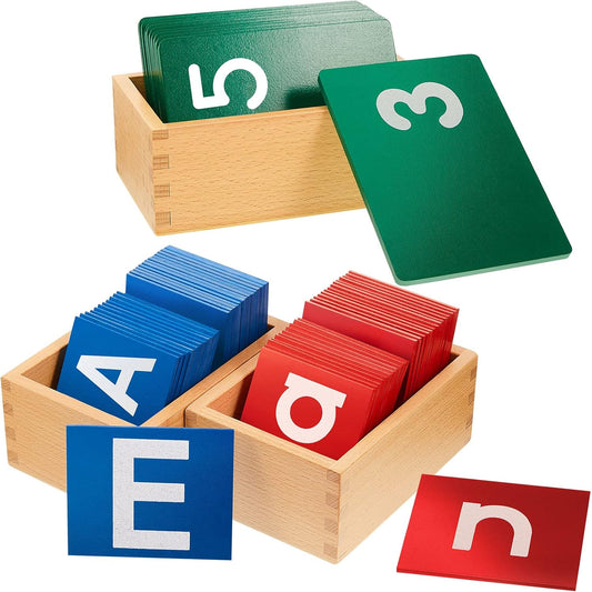 Henoyso 3 Sets Sandpaper Letters with Boxes Lower and Capital Case Sandpaper Sensory Tactile Letters Alphabet for Learning Education Easter Gift (Letter,Number,Bright)