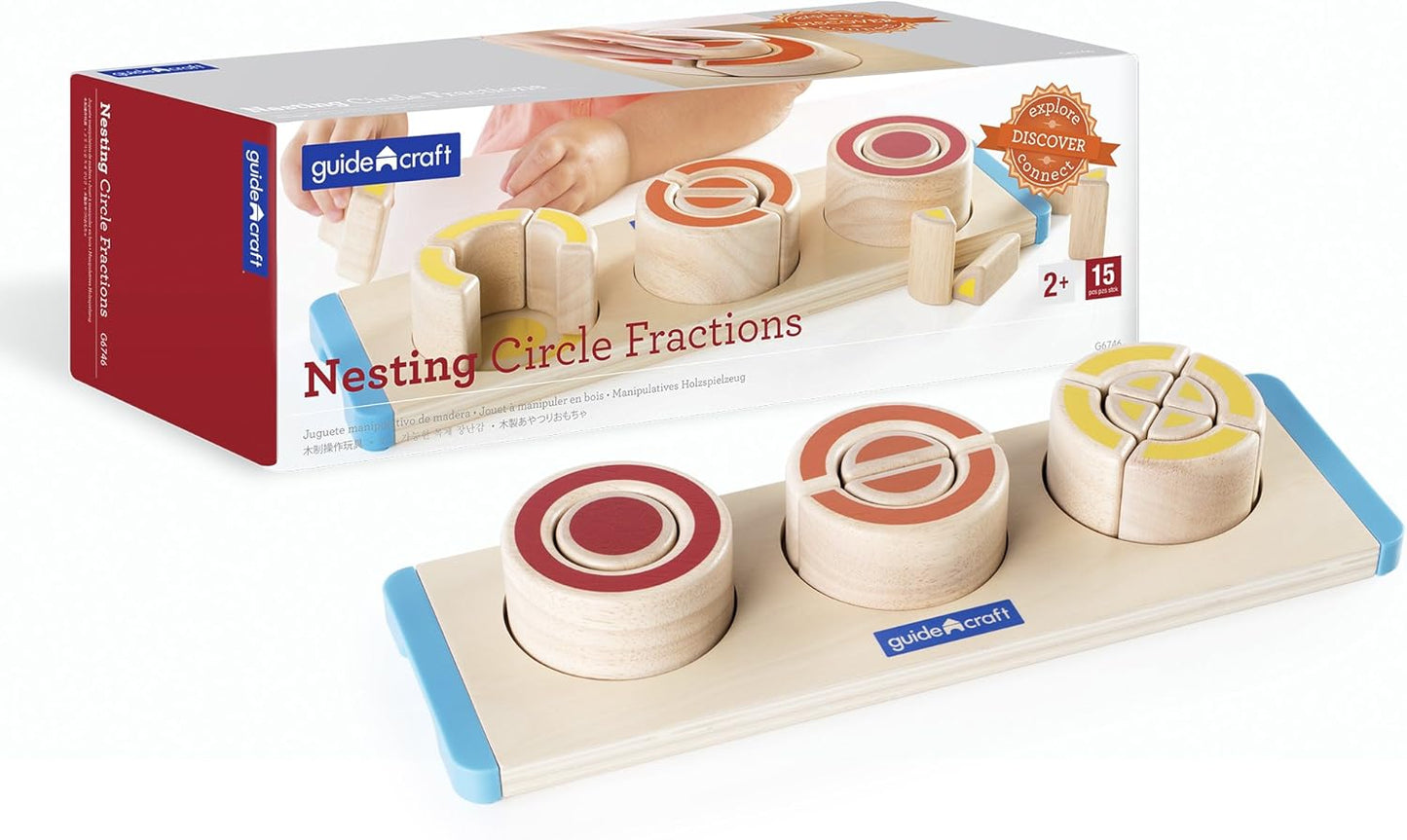 Guidecraft Nesting Circle Fractions - Smooth Wooden Shapes Sorting Game, Kids Early Educational STEM Toys