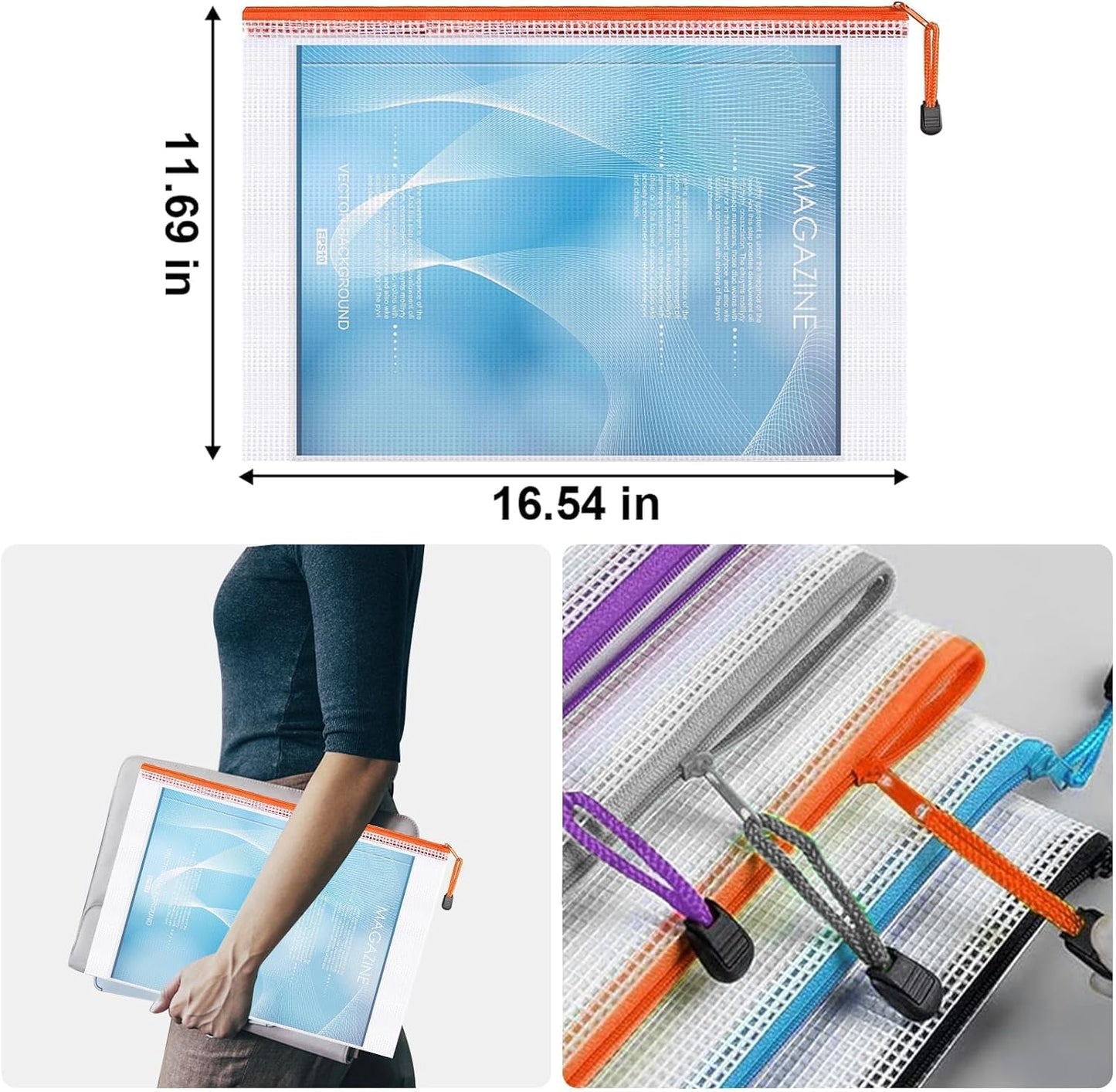 Krvyrn Mesh Zipper Pouches, 12 Pack A3 Waterproof Zipper Pouches for Board Game Storage, Puzzle Storage, Office and School Supplies, Home, Travel Organizer