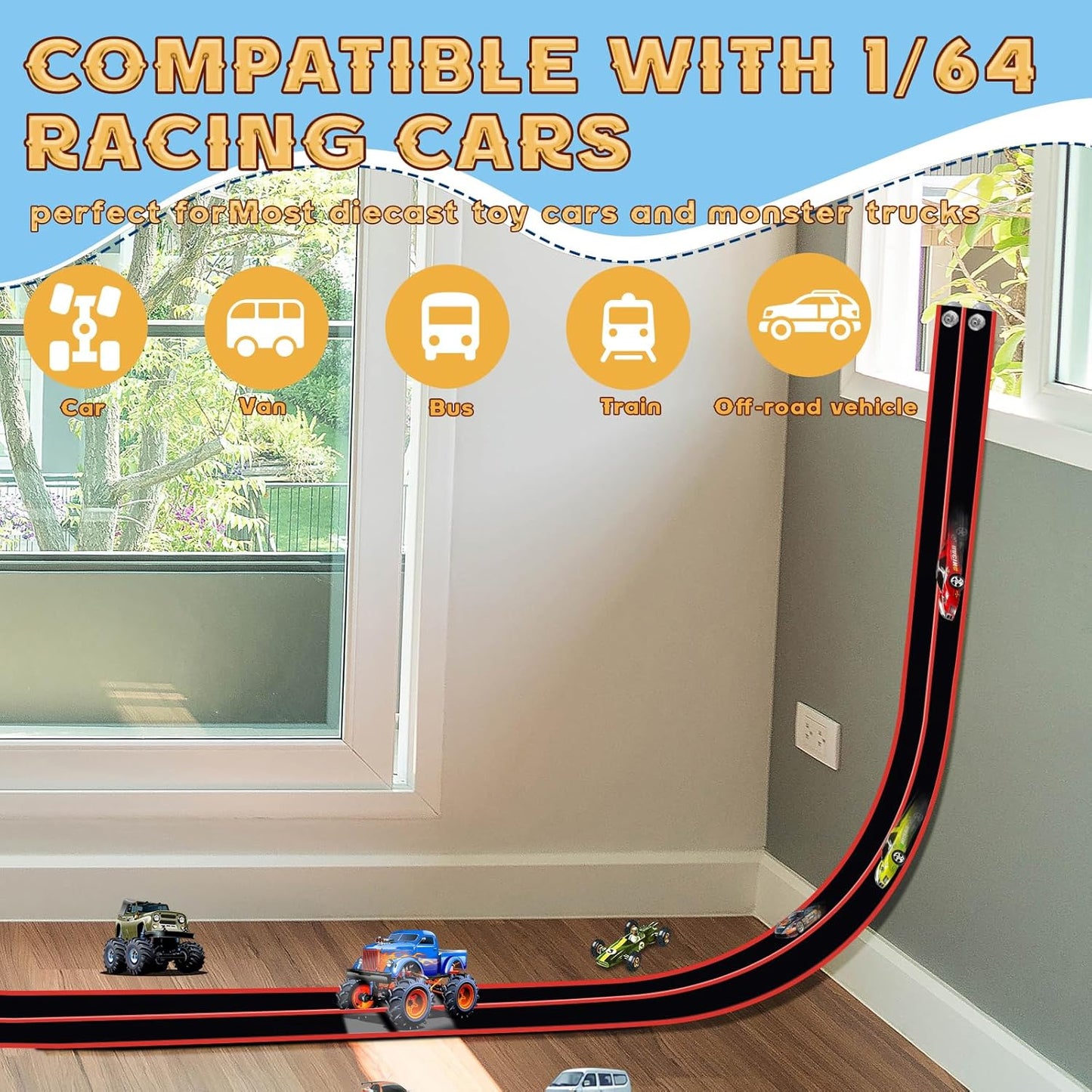 Flex Tracks 15 Ft for Kids Starter Set, Flexible Race Car Ramp Track with Suction Cups Compatible with Diecast 1/64th Cars for Ages 3 & Up (Black & Red)