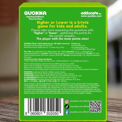 QUOKKA Trivia Board Games for Kids and Adults – Family Board Games for Family Game Night – Higher or Lower Trivia Cards for Kids 8-12 – Guess Fun Questions – Educational Card Game for Families&Teens