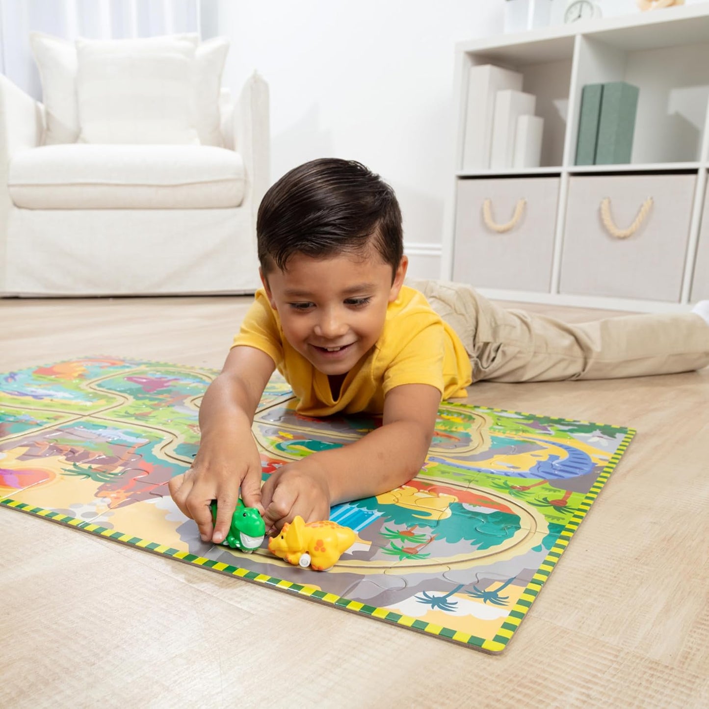 Melissa & Doug Dinosaur Adventure Tracks Cardboard Jigsaw Floor Puzzle and 2 Wind-Up Dinos – 48 Pieces, for Boys and Girls 3+