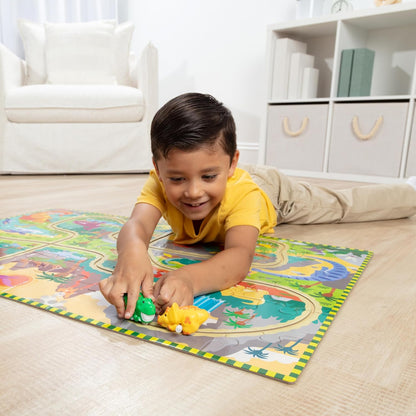 Melissa & Doug Dinosaur Adventure Tracks Cardboard Jigsaw Floor Puzzle and 2 Wind-Up Dinos – 48 Pieces, for Boys and Girls 3+